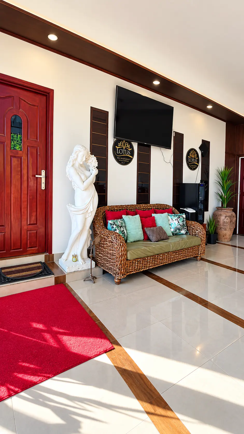 Bright lounge with a rattan sofa